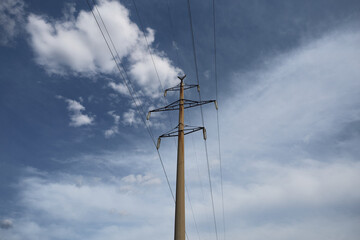 Pylon and transmission power line in sunset