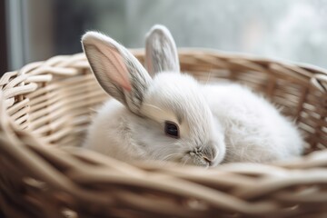 A cute and cuddly baby bunny snuggled up in a basket Generative AI