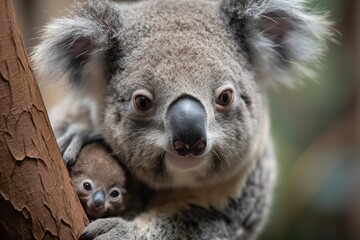 A cute and cuddly baby koala clinging to its mother Generative AI