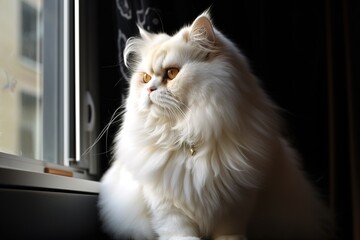 A regal and majestic Persian cat perched on a windowsill, showing off its luxurious and fluffy coat. Generative AI