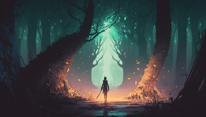 fantasy scene of alone man with torch standing in fairy tale forest, digital art style, illustration painting, Generative AI