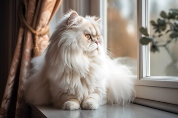 A regal and majestic Persian cat perched on a windowsill, showing off its luxurious and fluffy coat. Generative AI