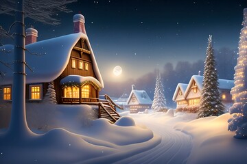 Naklejka premium Graphic representation of Winter Wonderland: Santa's Village Under the Full Moon. Generative AI. 