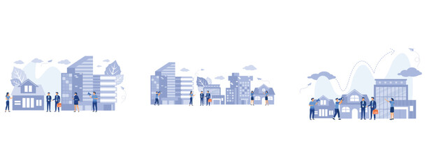 Obraz premium Vector illustration, real estate business concept with houses, Buying and choosing housing, real estate and turnkey rentals, set flat vector modern illustration
