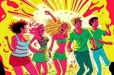 illustration of a group of teenagers enjoying a beach party, bright colors and light style to convey the fun and excitement of summer romance. Generative AI