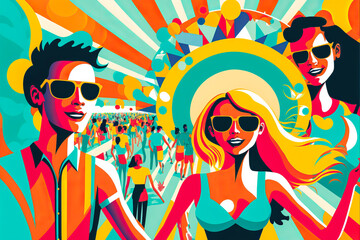 Illustration of group of fun teenagers in summer party on the beach. Cheerful style and colors to show excitement and summer romance. Generative AI