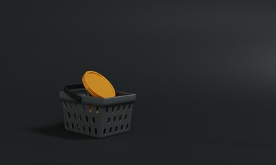 gold coins on basket shopping isolate background.coins Cashback and banking,money-saving,shopping online concept.pastel concept.3D rendering illustration