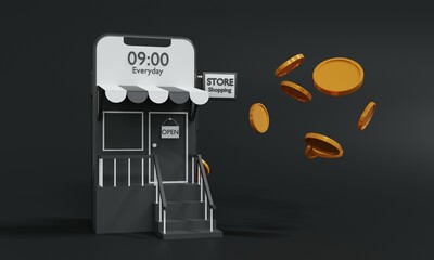 Smartphone online shopping store,social media app and flying coins on black background.Shopping online and delivery service on mobile application,3d render illustration.