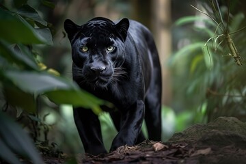 A sleek and graceful Black Panther stalking through the jungle, showing off its sleek and graceful nature. Generative AI