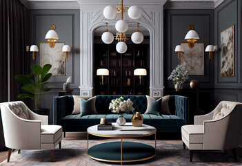 Interior design of a sophisticated and elegant living room design that showcases luxurious fabrics, statement lighting, and tasteful accessories | Generative AI