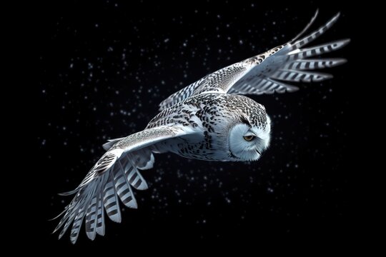 A sleek and agile Snowy Owl flying through the night sky, showing off its sleek and agile nature. Generative AI