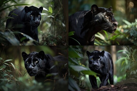 A sleek and graceful Black Panther stalking through the jungle, showing off its sleek and graceful nature. Generative AI