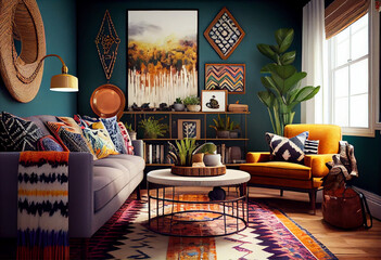 Interior design of a bohemian-inspired living room that features eclectic decor, bold patterns, and a mix of textures and colors | Generative AI