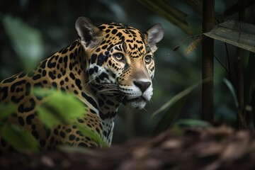 Fototapeta na wymiar A sleek and stealthy Jaguar hiding in the jungle, showing off its sleek and stealthy nature. Generative AI