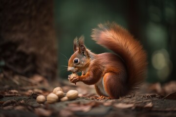 Naklejka na ściany i meble A cute and cuddly Red Squirrel collecting nuts - This Red Squirrel is collecting nuts, showing off its cute and cuddly nature. Generative AI