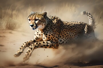 A fierce and agile Cheetah sprinting across the savanna, showing off its fierce and agile nature. Generative AI