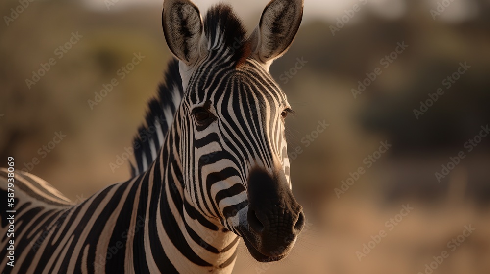 Poster a close up of a zebra in a field with trees in the background and a blurry sky in the foreground, wi