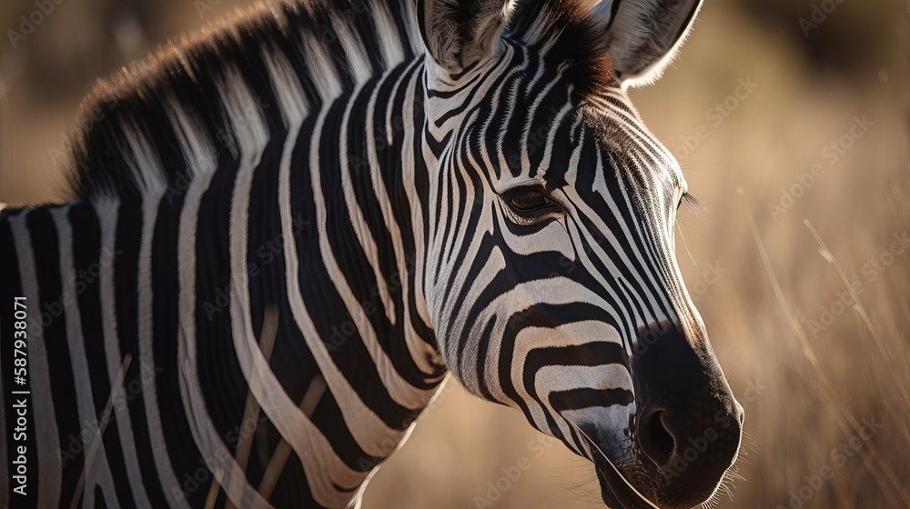Aufkleber a close up of a zebra in a field of tall grass with a blurry background of grass and trees in the ba