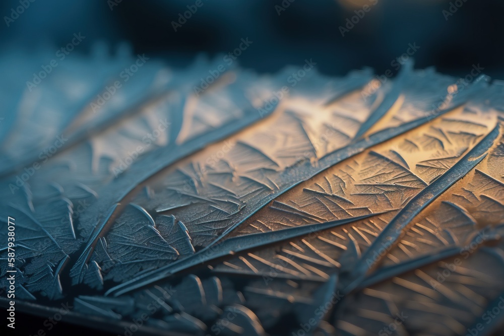 Poster a close up of a metal surface with a pattern of leaves on the top and bottom of the surface, with a 