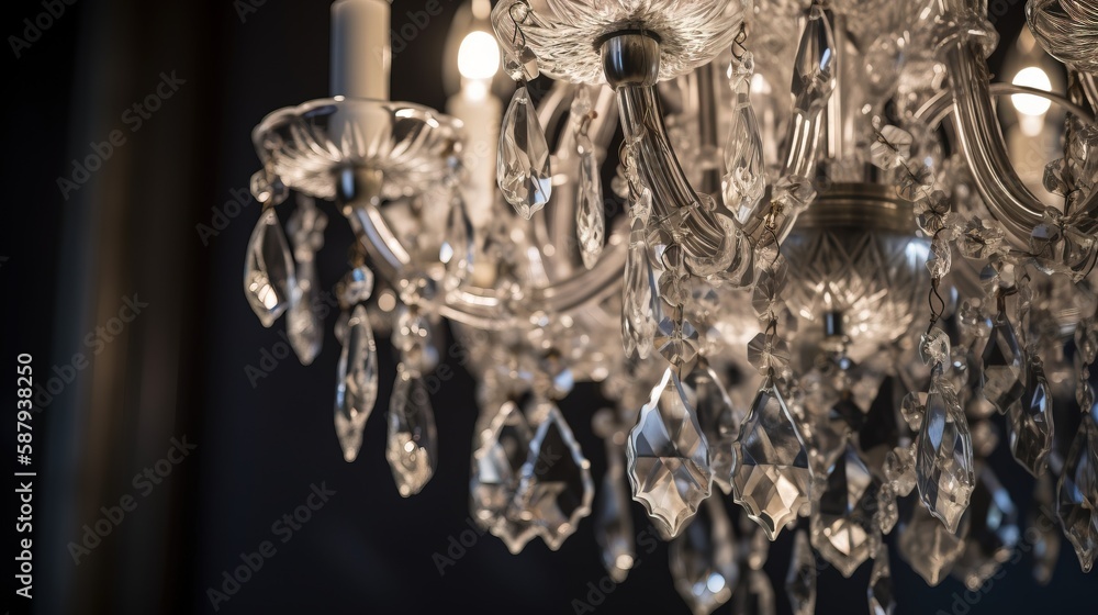 Poster a chandelier hanging from a ceiling in a room with a dark wall and a black wall in the background wi