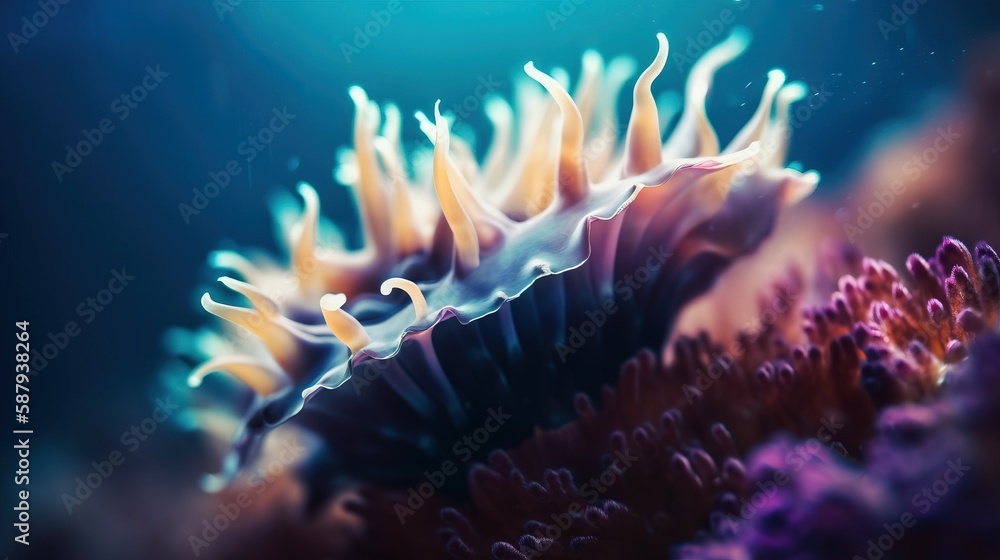 Poster a close up of a sea anemone on a blue background with a light shining on the top of the image and th