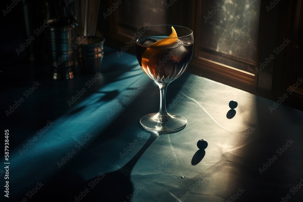 Poster a glass of alcohol sitting on top of a table next to a window with a shadow of a bird on it's side a