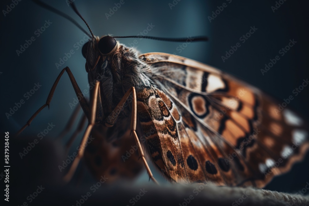 Poster a close up of a brown and black butterfly on a dark background with a blurry effect to the back of t