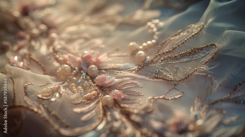Aufkleber a close up of a dress with pearls and beads on it's back and a light blue fabric with a pattern on i