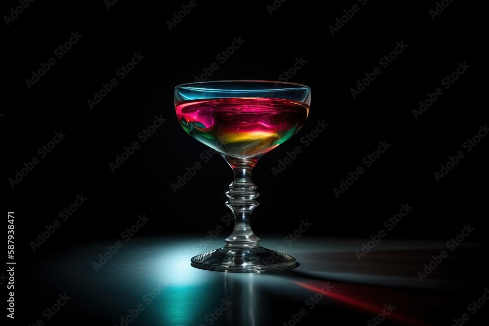 Poster a colorful drink in a wine glass on a black background with a light reflecting off of it's side and 
