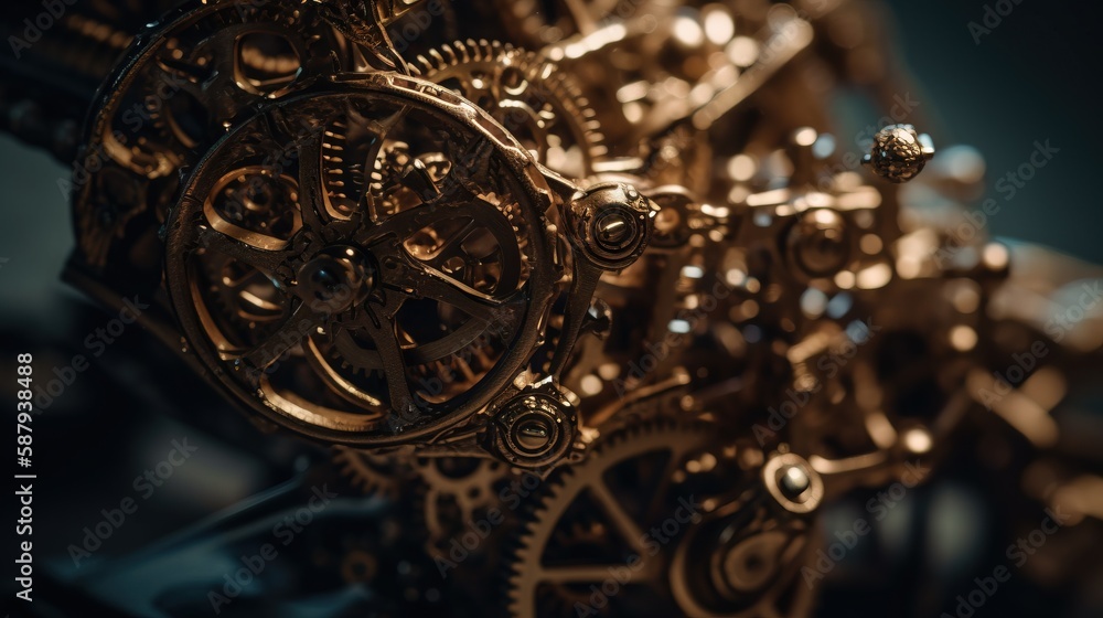Poster a close up of a clock with gears on it's face and a ball in the middle of the clock face, with a bla