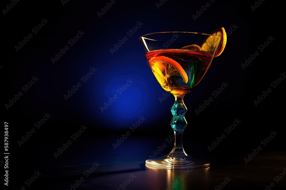 Poster a colorful drink in a glass with a slice of lemon on top of the glass and a blue background behind i