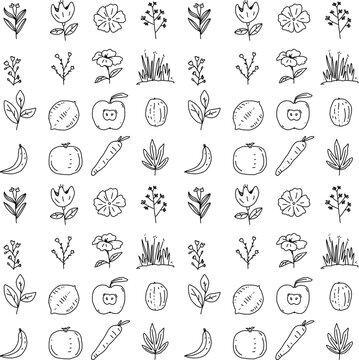 seamless pattern hand drawn fruits and flowers