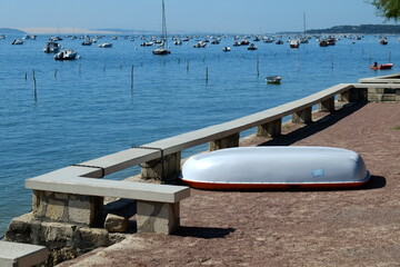 Some boats moored in front of le Canon village. Arcachon bay, France, July 8th, 2023.