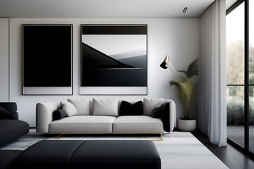 Graphic representation of "Minimalistic Black Frame in Bright Living Room". Generative AI. 