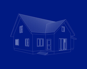 3D suburban house model. Drawing of the modern building. Cottage project on blue background. Interesting vector blueprint.