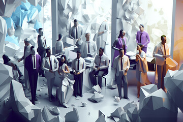 Low Poly Generative AI of Ethnic Diversity At Work. Different Employees Working Together 

