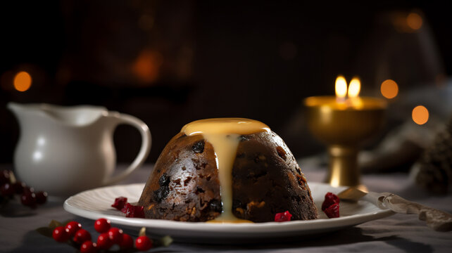 Christmas pudding a traditional Yultide dessert served on Christmas Day or Boxing Day during the festive season in December, computer Generative AI stock illustration image