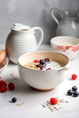 Traditional breakfast - oatmeal porridge with berries in white ceramic bowl. Copy space. Generative AI content