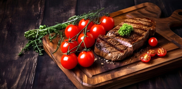 Grilled beef steak with cherry tomatoes on wooden cuttting board. Generative AI
