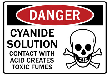Fumes hazard chemical warning sign cyanide solution. Contact with acid creates toxic fumes