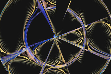 Orange blue round pattern of crooked waves on a black background. Abstract fractal 3D rendering