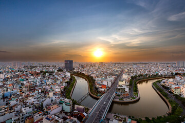 Fototapeta na wymiar Ho Chi Minh City, Vietnam - The magical and colorful clouds in the sky of Ho Chi Minh City at dawn 