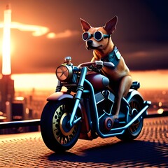 Steampunk dog riding a motorbike, science fiction. AI generated.