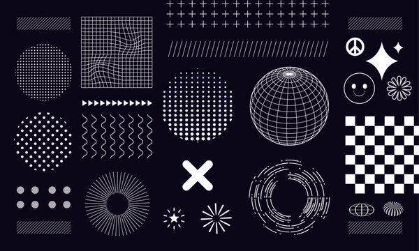 Collection of futuristic patterns and object elements for poster and flyer design. 3d shapes, wireframes, cyberpunk and acid elements
