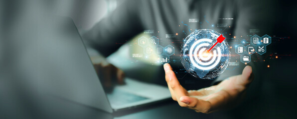 Dartboard or bullseye for business target goal digital transformation technology system and e-commerce strategy planning on online marketing and customer service ideas.
