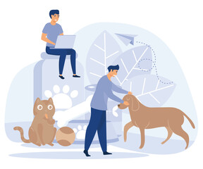 Pets care. Pet shop. Tiny people and Pets Concept. flat vector modern illustration