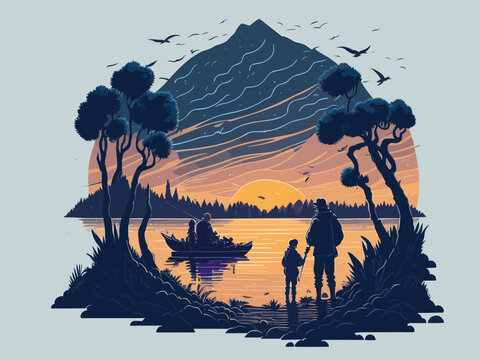 illustration of fishing and watching sunset on the beach