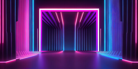 Neon dark stage shows empty room: neon light, spotlights, dark blue, purple, pink background - dance floor for product display in studio, backdrop for photo shooting. Generative AI.
