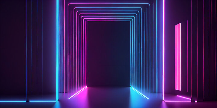 Neon dark stage shows empty room: neon light, spotlights, dark blue, purple, pink background - dance floor for product display in studio, backdrop for photo shooting. Generative AI.