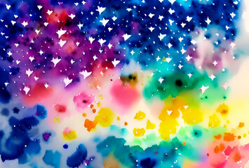 Abstract watercolor background with stars and sparkles. Hand-drawn illustration.